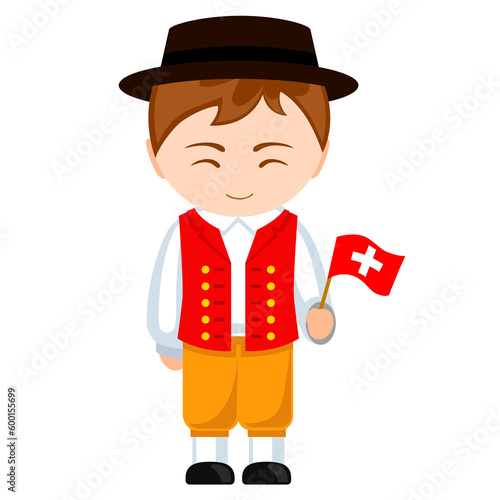 Man in Switzerland national costume. Male cartoon character in traditional swiss ethnic clothes holding flag. Flat isolated illustration.