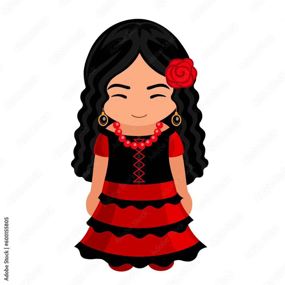 Woman in Spain national costume. Female cartoon character in traditional spanish ethnic clothes. Flat isolated illustration. Woman in Spain national costume. Female cartoon character in traditional spanish ethnic clothes. Flat isolated illustration.