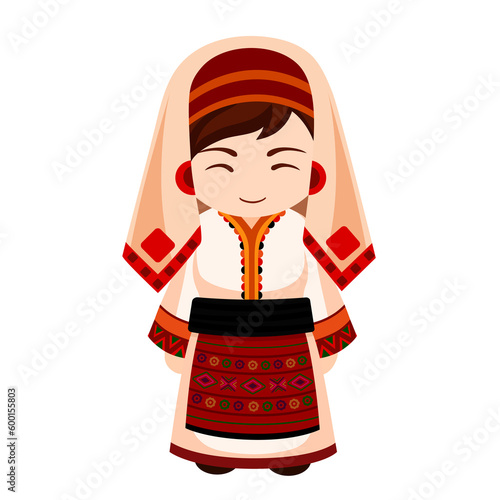 Woman in Macedonia national costume. Female cartoon character in traditional macedonian ethnic clothes. Flat isolated illustration.