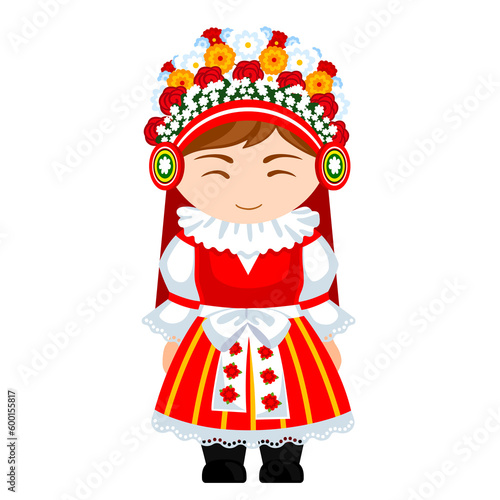 Woman in Czech Republic national costume. Female cartoon character in traditional czech ethnic clothes. Flat isolated illustration. © Anastasia
