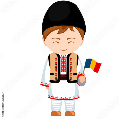 Man in Moldova national costume. Male cartoon character in traditional moldavian ethnic clothes holding flag. Flat isolated illustration.