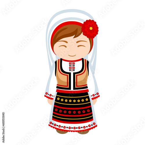 Woman in Moldova national costume. Female cartoon character in moldavian traditional ethnic clothes. Flat isolated illustration.