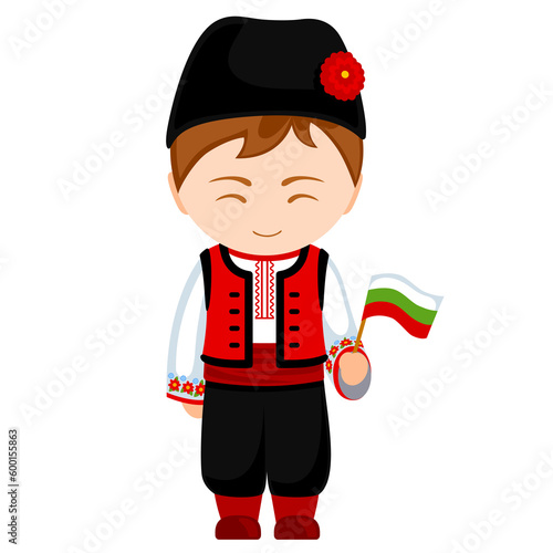 Man in Bulgaria national costume. Male cartoon character in traditional bulgarian ethnic clothes holding flag. Flat isolated illustration. photo