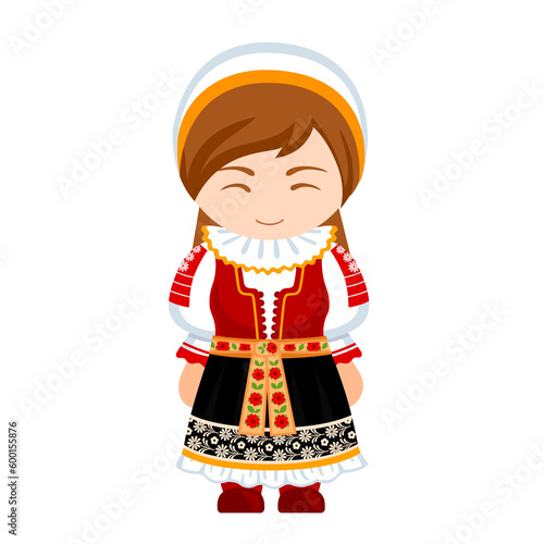 Woman in Slovakia national costume. Female cartoon character in slovak traditional ethnic clothes. Flat isolated illustration. 
