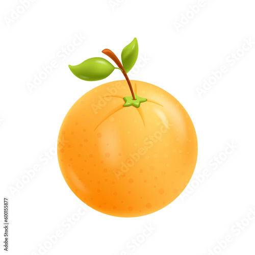 Orange fruit 3d vector with plastic material effect. Realistic citrus with glossy leaves. Plasticine orange. Editable rendering in cartoon style. Icon isolated on white background.