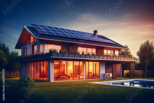 House with Solar Panels on the Roof, Clear Sky. Generative ai © Scrudje