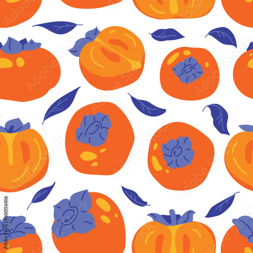 Fototapeta Naklejka Na Ścianę i Meble -  Persimmon fruits and lobules seamless pattern in trendy color. Repeat design ornament with purple leaves for chinese or korean event. Eastern sweetness for autumn harvest festival. Vector Illustration