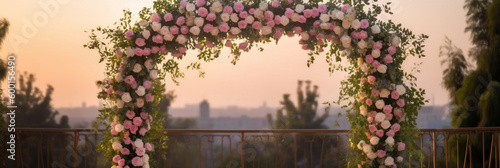 Square wedding arch with roses on blurred background, generative ai
