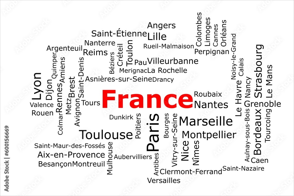 Tagcloud of the most populous cities in France. The title is red and all the cities are black on the white background. There are cities like Paris and Marseille.