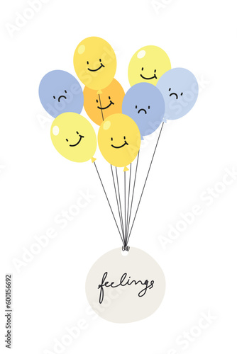 Sad and happy balloons tied  to "Feelings" card isolated on white background. Concept of emotion, state of mind, mental health. Flat vector illustration.