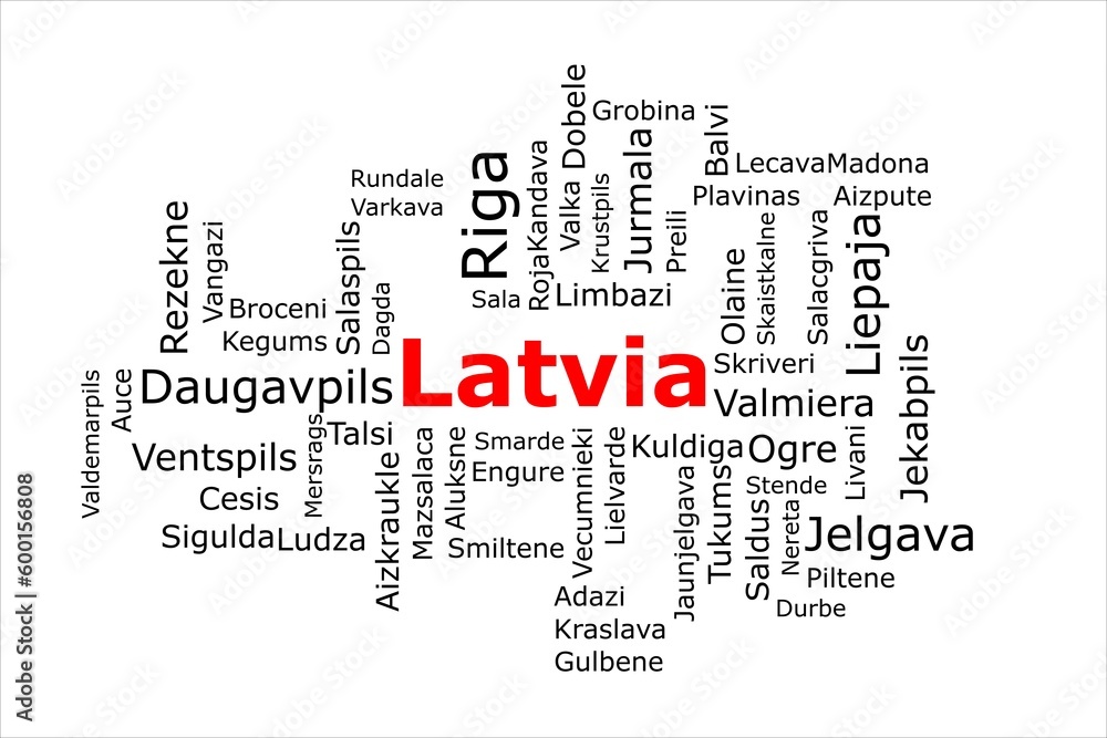 Tagcloud of the most populous cities in Latvia. The title is red and all the cities are black on the white background. There are cities like Riga and Jelgava.