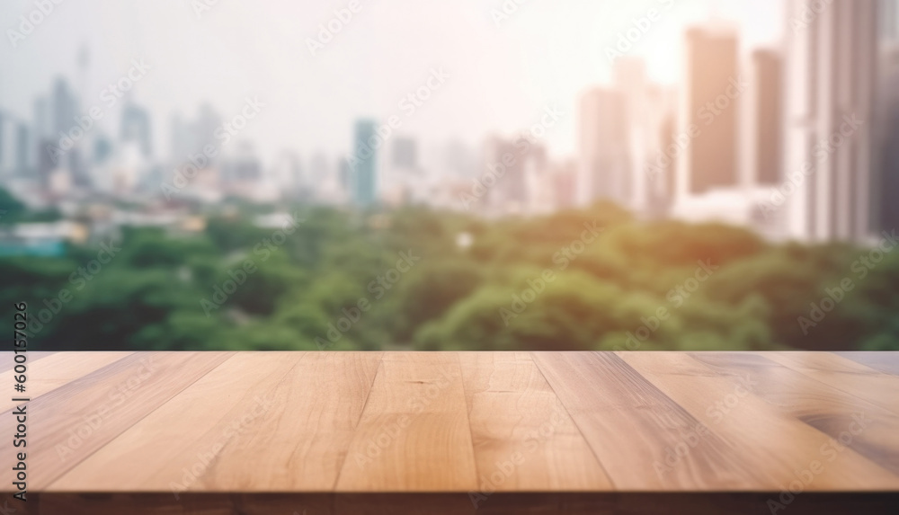 Wooden table top on blur window glass with city view, product display concept. (Generative AI) Wooden table top on blur window glass with city view, product display concept. (Generative AI)