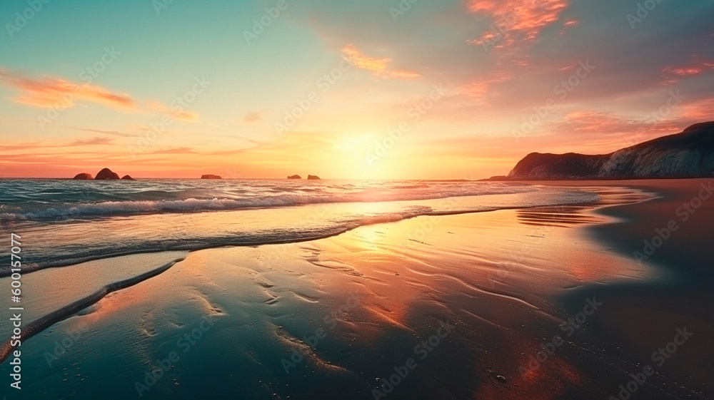 summer landscape with sunrise on the beach. High quality Generative AI