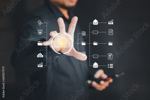 Cyber security network. Data protection concept. Businessman using laptop computer with digital padlock on internet technology networking with cloud computing and data management, cybersecurity 