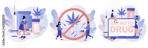 Say no to drug. International day against drug abuse. Addiction treatment, narcotic addict medication. Problem addiction. Modern flat cartoon style. Vector illustration on white background