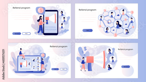 Referral program. Refer a friend concept. Social media marketing. Business partnership. Screen template for landing page, template, ui, web, mobile app, poster, banner, flyer. Vector illustration