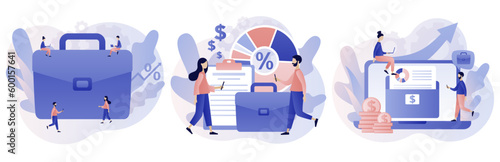Investment portfolio. Tiny people planning invest strategy, savings and budgets. Diversified assets. Financial management concept. Modern flat cartoon style. Vector illustration on white background
