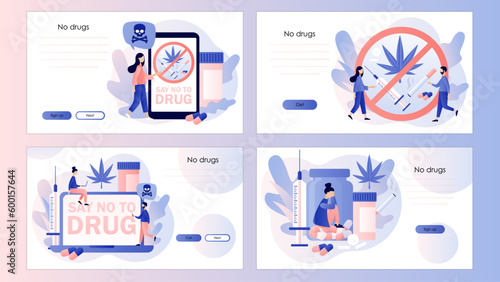 Say no to drug. International day against drug abuse. Addiction treatment, narcotic addict medication. Screen template for landing page, template, ui, web, mobile app, poster, banner, flyer. Vector 