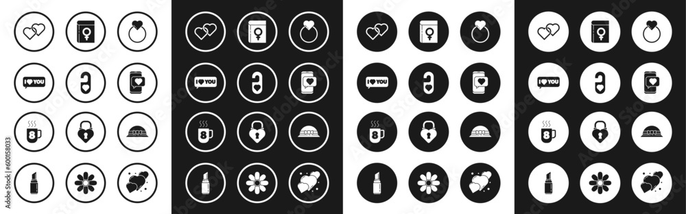 Set Wedding rings, Please do not disturb with heart, Speech bubble I love you, Two Linked Hearts, Online dating app and chat, Book about women, Elegant and Coffee cup 8 March icon. Vector Set Wedding rings, Please do not disturb with heart, Speech bubble I love you, Two Linked Hearts, Online dating app and chat, Book about women, Elegant and Coffee cup 8 March icon. Vector