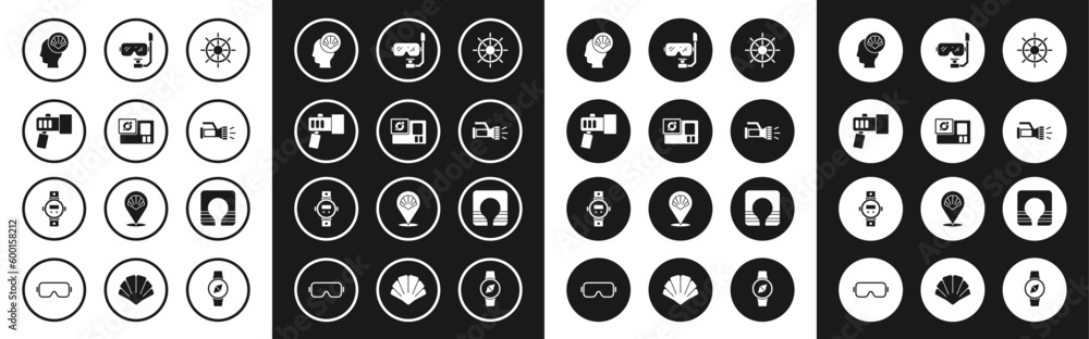 Set Ship steering wheel, Action camera, Flashlight, Scallop sea shell, Diving mask and snorkel, Life jacket and watch icon. Vector Set Ship steering wheel, Action camera, Flashlight, Scallop sea shell, Diving mask and snorkel, Life jacket and watch icon. Vector