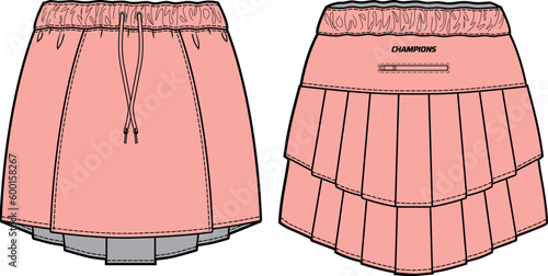 Women pleated running mini skirt jersey design flat sketch fashion Illustration for girls and Ladies, Running trail skirt concept with front and back view for tennis and tracking active wear.