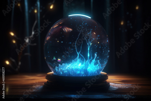 Magical crystal ball or fortune teller with mysterious glow inside on sparkling dark background, created with Generative AI