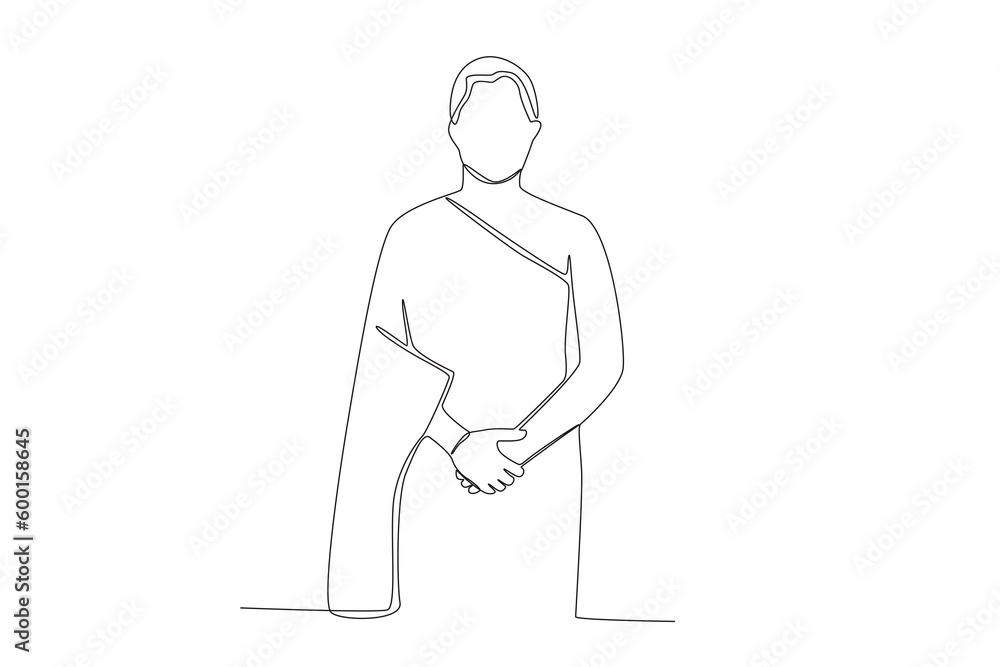 Front view of a Muslim on pilgrimage. Hajj pilgrims one-line drawing Front view of a Muslim on pilgrimage. Hajj pilgrims one-line drawing