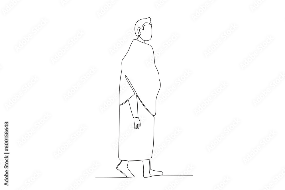 A pilgrim walking in hajj clothes. Hajj pilgrims one-line drawing A pilgrim walking in hajj clothes. Hajj pilgrims one-line drawing