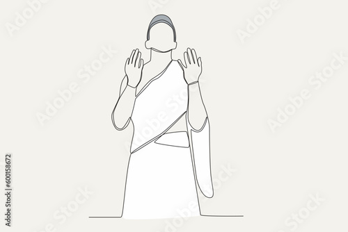 Color illustration of a pilgrim praying. Hajj pilgrims one-line drawing