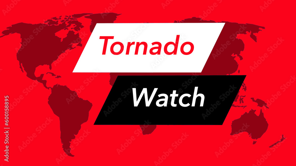 Tornado watch. A television weather banner or icon is seen with a map