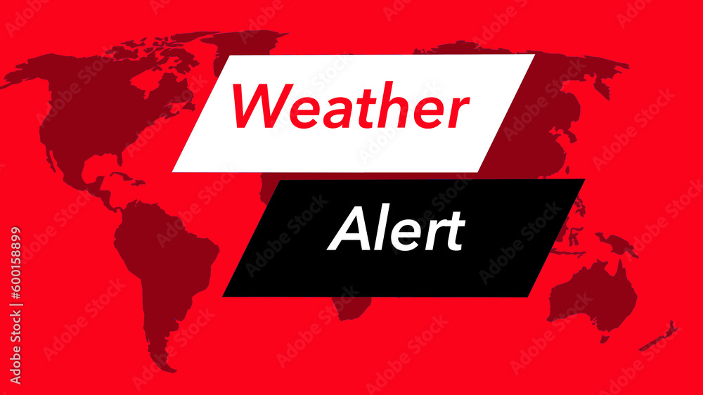 Weather alert. A television weather banner or icon is seen with a map of the world showing the United States. Colors are red, black and white and is from a set of 40 similar images.