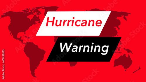 Hurricane warning. A television weather banner or icon is seen with a map of the world showing the United States. Colors are red, black and white and is from a set of 40 similar images.