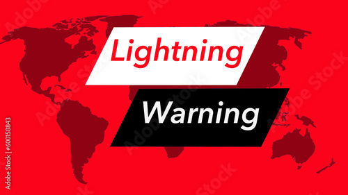 Lightning warning. A television weather banner or icon is seen with a map of the world showing the United States. Colors are red, black and white and is from a set of 40 similar images.