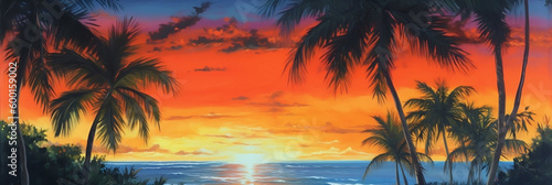 A painting of a tropical sunset with palm trees in the foreground  generative ai