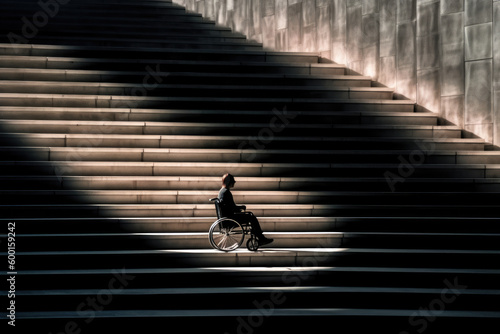 Silhouette of a disabled person in a wheelchair on stairs. Generative AI