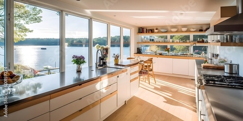 Transform Your Cooking Space: A Spacious Kitchen with Custom Cabinetry and Unobstructed Lake Views, Generative AI