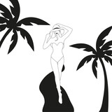 A beautiful girl with hat walking with palm trees on back in black and white in out line and silhouette style for webs apps banners