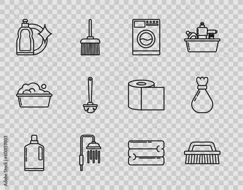Set line Plastic bottles for liquid dishwashing liquid, Brush cleaning, Washer, Shower head with water drops flowing, Toilet brush, Towel stack and Garbage bag icon. Vector