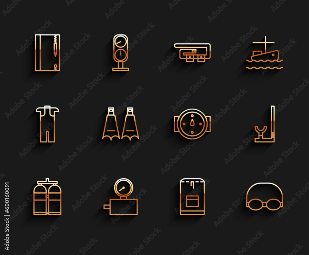 Set line Aqualung, Gauge scale, Underwater note book and pencil, Backpack, Glasses cap for swimming, Rubber flippers, Snorkel and Wind rose icon. Vector Set line Aqualung, Gauge scale, Underwater note book and pencil, Backpack, Glasses cap for swimming, Rubber flippers, Snorkel and Wind rose icon. Vector