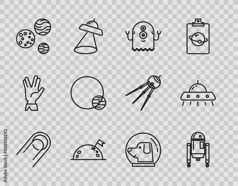 Set line Satellite, Robot, Alien, Planet with flag, Dog in astronaut helmet and UFO flying spaceship icon. Vector Set line Satellite, Robot, Alien, Planet with flag, Dog in astronaut helmet and UFO flying spaceship icon. Vector