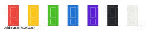 Wooden closed doors set. Colorful cartoon wood door collection. Front view. Element of architecture. Template design for interior, graphics, office, home, store. Vector illustration