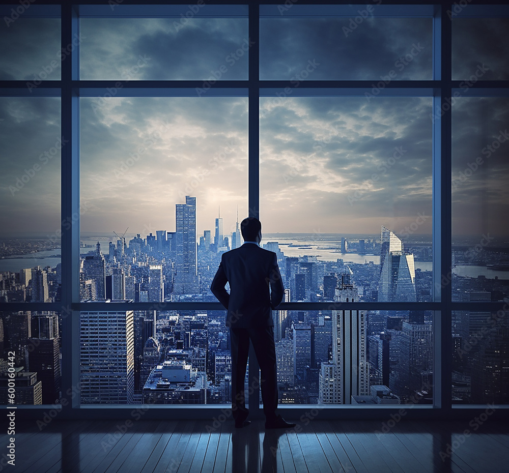 Back view of businessman suit standing at office looking at city through panoramic window. AI Generative Back view of businessman suit standing at office looking at city through panoramic window. AI Generative