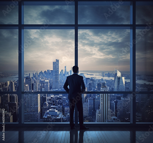 Back view of businessman suit standing at office looking at city through panoramic window. AI Generative