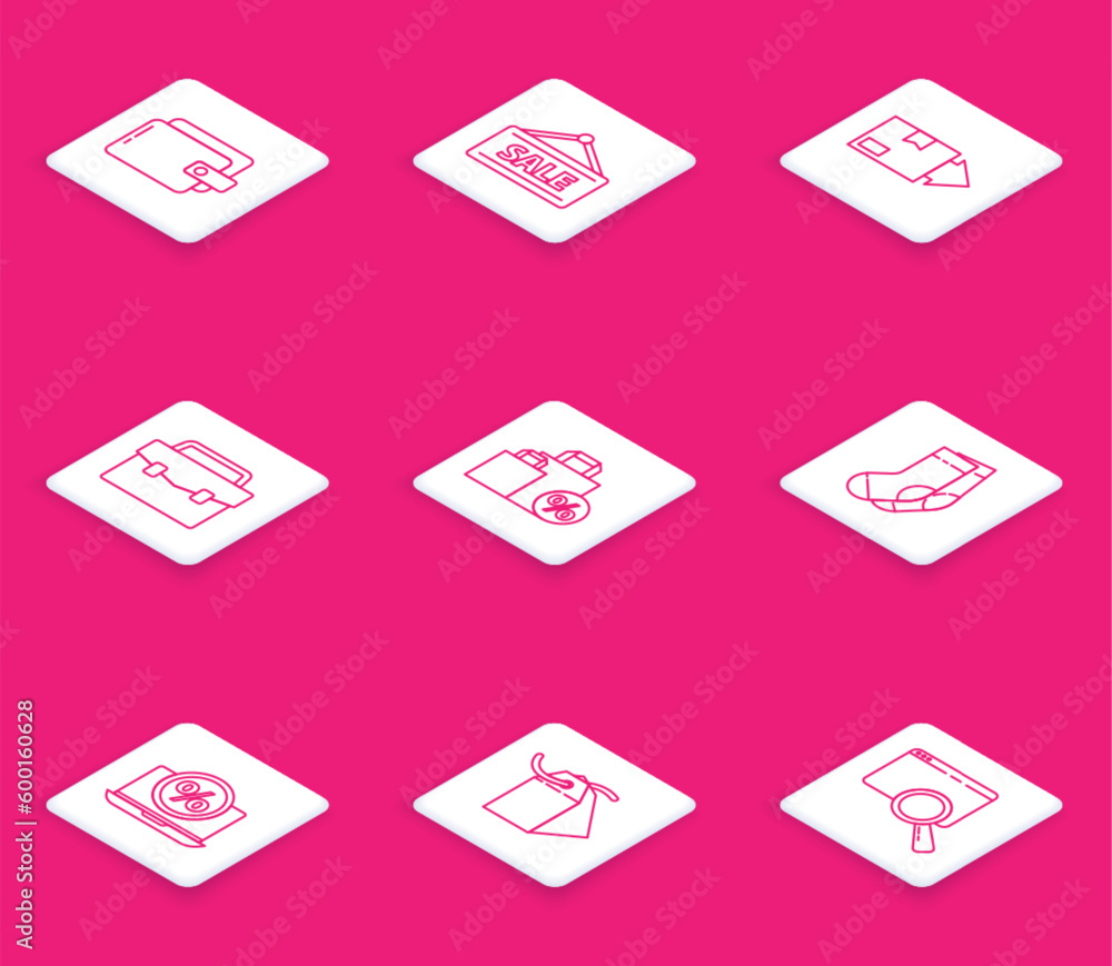 Set line Wallet, Hanging sign with Sale, Carton cardboard box, Briefcase, Shoping bag discount, Socks, Percent and laptop and Blank label template price tag icon. Vector Set line Wallet, Hanging sign with Sale, Carton cardboard box, Briefcase, Shoping bag discount, Socks, Percent and laptop and Blank label template price tag icon. Vector