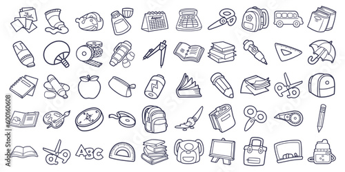 Vector set bundle doodle line art various attributes of school and academic equipment