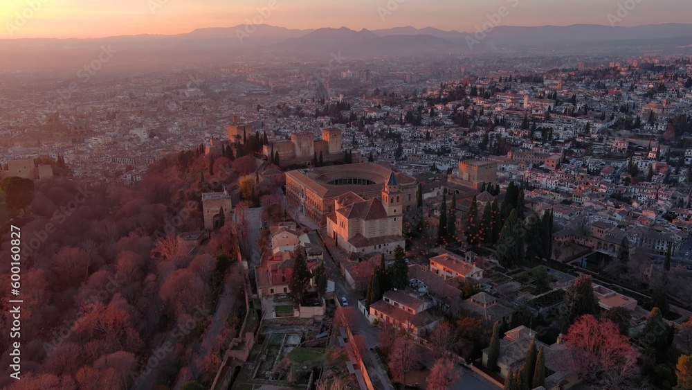 Aerial view of the famous Alhambra palace and fortress at sunset, in Granada, Andalusia, Spain