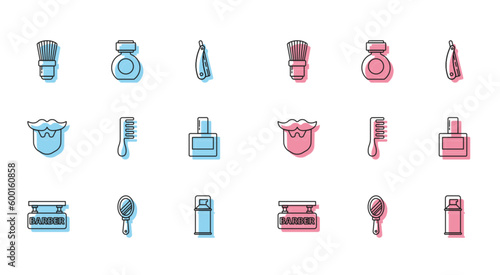 Set line Barbershop, Hand mirror, Shaving brush, gel foam, Hairbrush, Aftershave, Mustache beard and icon. Vector