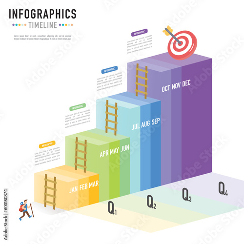Stair or ladder isometric timeline infographic template or element with 12 months, process, step, option, colorful 3D rectangle, icon, paper origami, dart, column, bar for schedule, sale slide planner