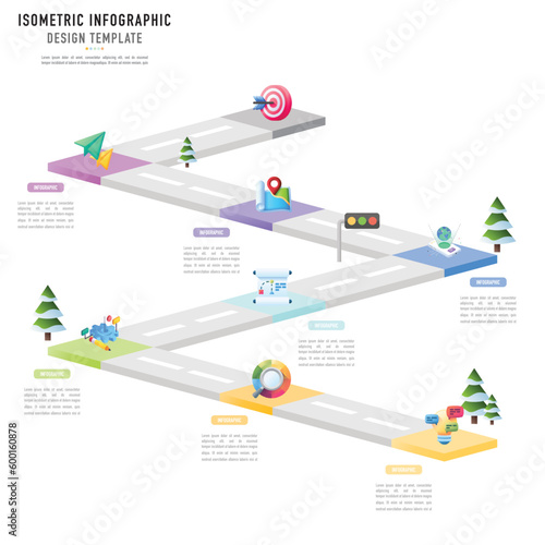 Rectangular isometric roadmap infographic template or element with 7 step, process, option, colorful 3D rectangle, traffic light, icon, dart, road, square, bar for sale, slide, flowchart, brochure web