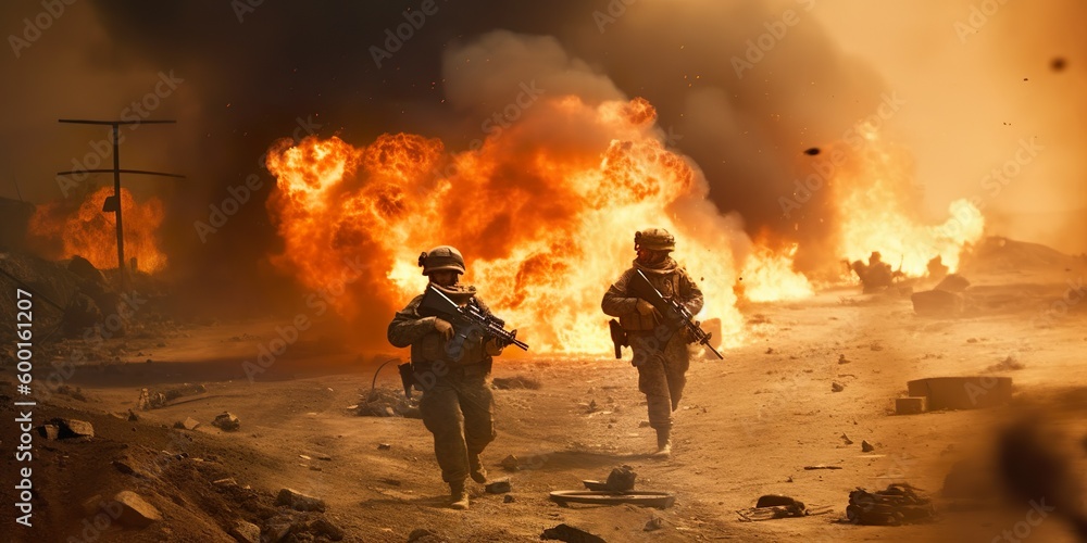 military special forces soldiers on war zone fire and smoke in the desert background Generative AI